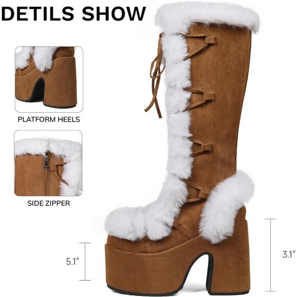 ⚡Womens Chestnut Synthetic Mid Calf Lace Up Chunky High Heel Warm Fur Snow Boots - Picture 2 of 6